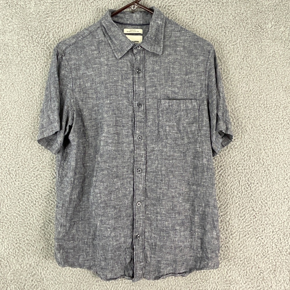 Thom Aaron Linen Shirt Mens Medium Blue Grey Short Sleeve Button Down Pocket